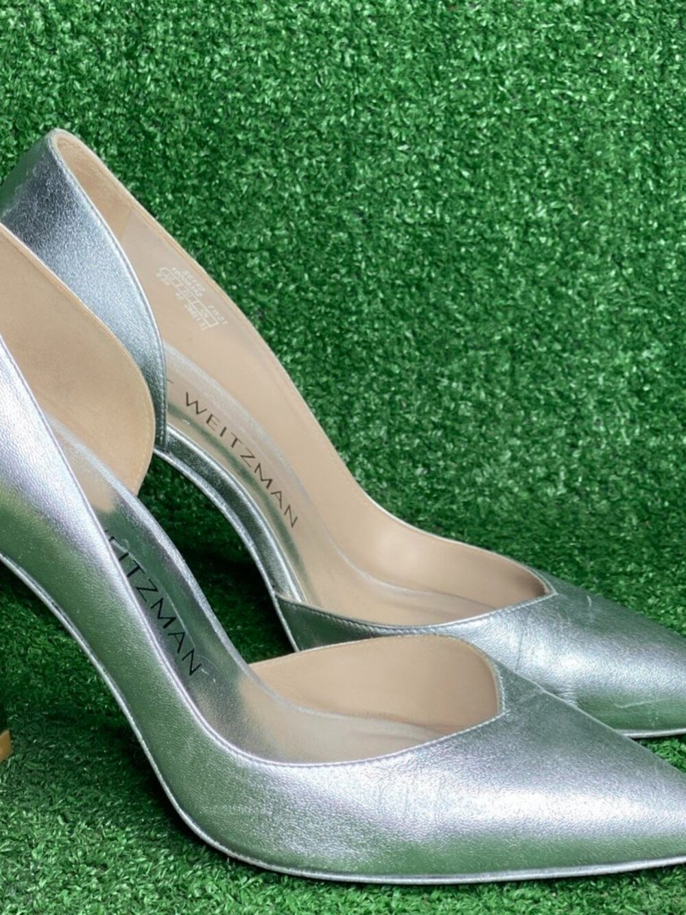 Stuart Weitzman Silver Leather Slip-On Pointed Toe 3.5" Heel Dress Pumps